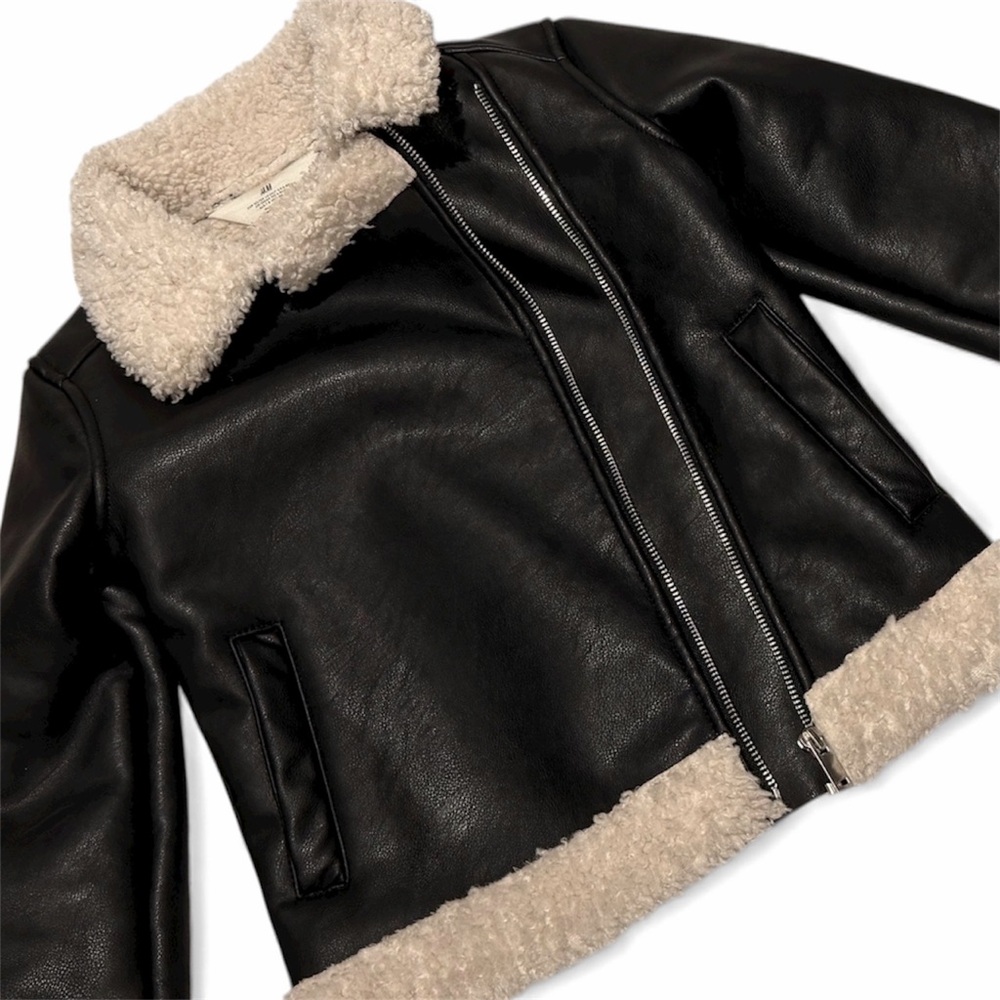 VGUC H&M Faux Leather Faux Wool Stylish Black and White Jacket, Unisex (6-7 yrs) - Picture 3 of 14